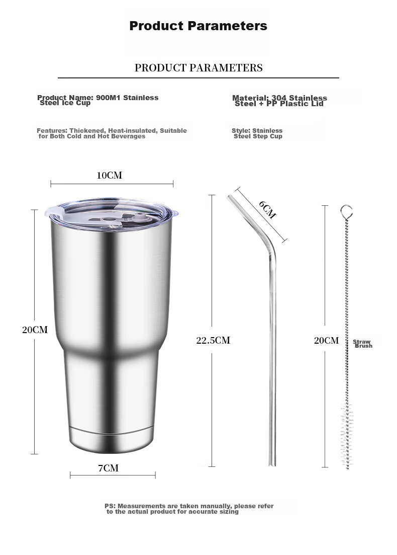 BJ 304 Stainless Steel Ice Cup, Insulated Mug, Large Capacity Water Bottle, Coffee Cup, 900ML with Straw + Straw Brush 10