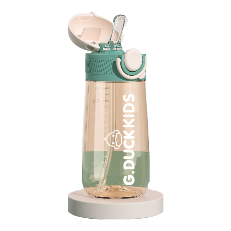G.Duck Children's Flip-Top Straw Water Bottle 500ml with Carrying Strap, Flip-Top Design, Safety Lock, Dina Gree
