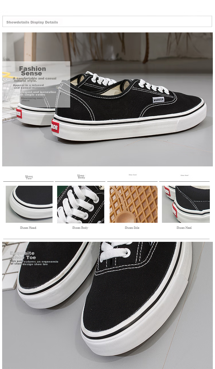 Warrior Women's Low-Top Canvas Shoes, Simple Versatile Casual Shoes, Couple's Fashionable Trendy Sneakers WXY-999 Black 37 3