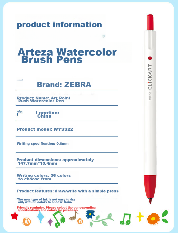 ZEBRA Art Dot Retractable Watercolor Pen, Student Children's Doodle Drawing Coloring Fine-Tip Colored Pen, Journaling Pen WYSS22 Black Single Pack Watercolor Pe 16