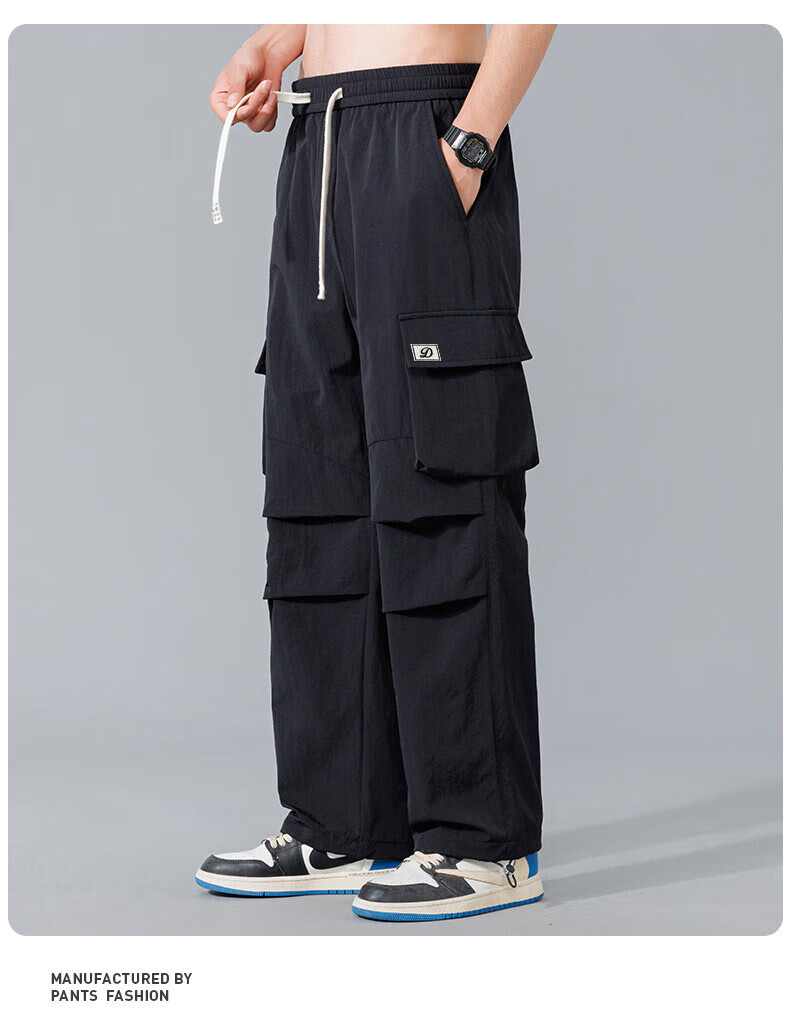 Dingfengbaoluo American-Style Cargo Casual Pants for Men, Spring And Summer Trendy Versatile Loose Paratrooper Tactical Trousers, DDF32 Black M 14