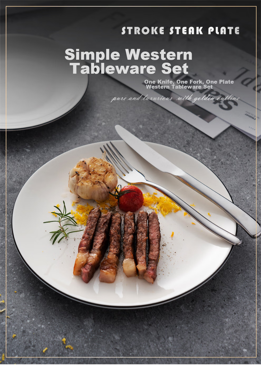 Onlycook Steak Knife And Fork Set, Steak Plate, Western Cutlery Set for Home Use with Knife, Fork And Plate, Gift Box Packaging, 10 Inches 1
