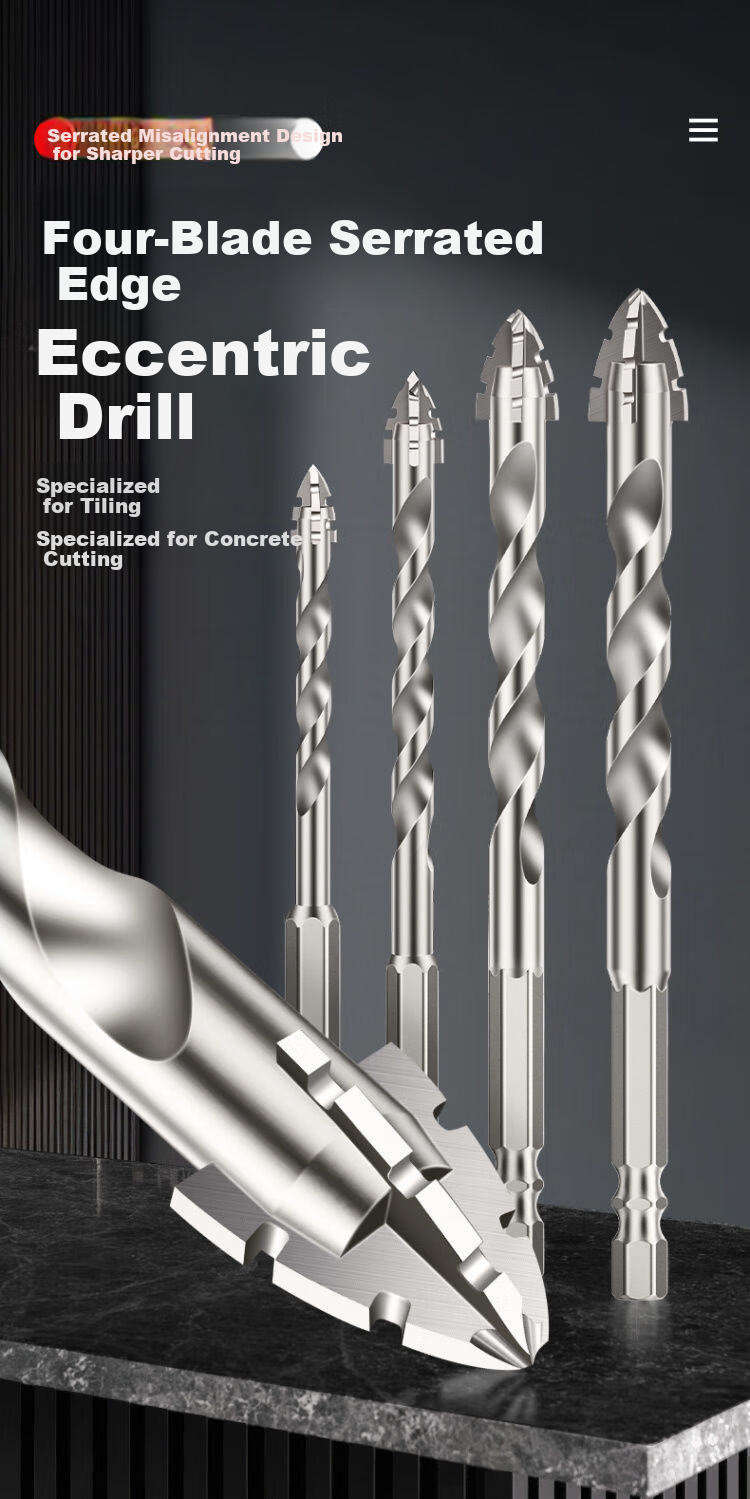 LiDiao Four-Blade Serrated Eccentric Drill Bit, Dry Glass Marble Porcelain Tile Drilling Bit, Hand Drill 6+8+10+12 2