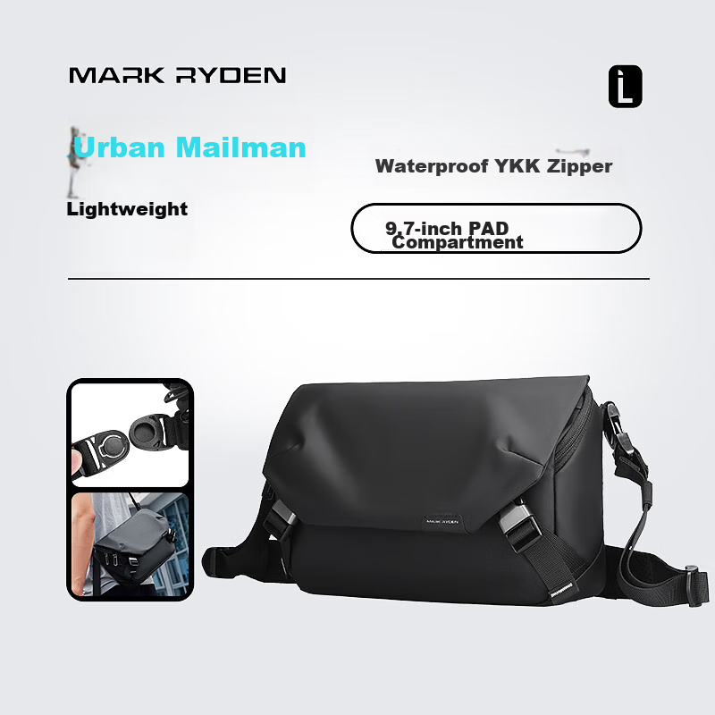 MARK RYDEN Men's Single Shoulder Crossbody Large Capacity Cycling Messenger Bag Sports Bag Can Fit IPad Lightweight Small Messenger Bag MR8109 Elegant Black