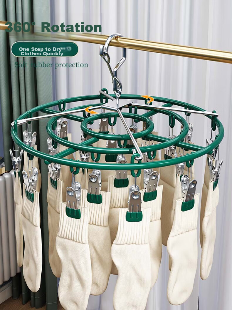 MUYA Stainless Steel Sock Rack, 24 Clips, Windproof And Non-Slip, Plastic-Coated Aluminum, Multi-Clip Clothes Hanger for Home Use 2