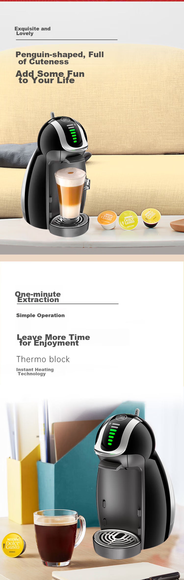 DOLCE GUSTO, Nestle, Fully Automatic Portable Capsule Coffee Machine, Genio, Little Penguin Red Capsule Machine, for Home And Office Use 4