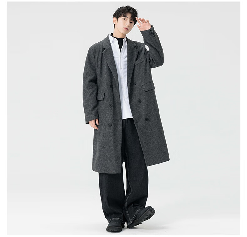 Dingfengbaoluo Men's Woolen Coat Autumn Winter Mid-Length High-End British Style Woolen Trench Coat HT99 Gray 5XL 8