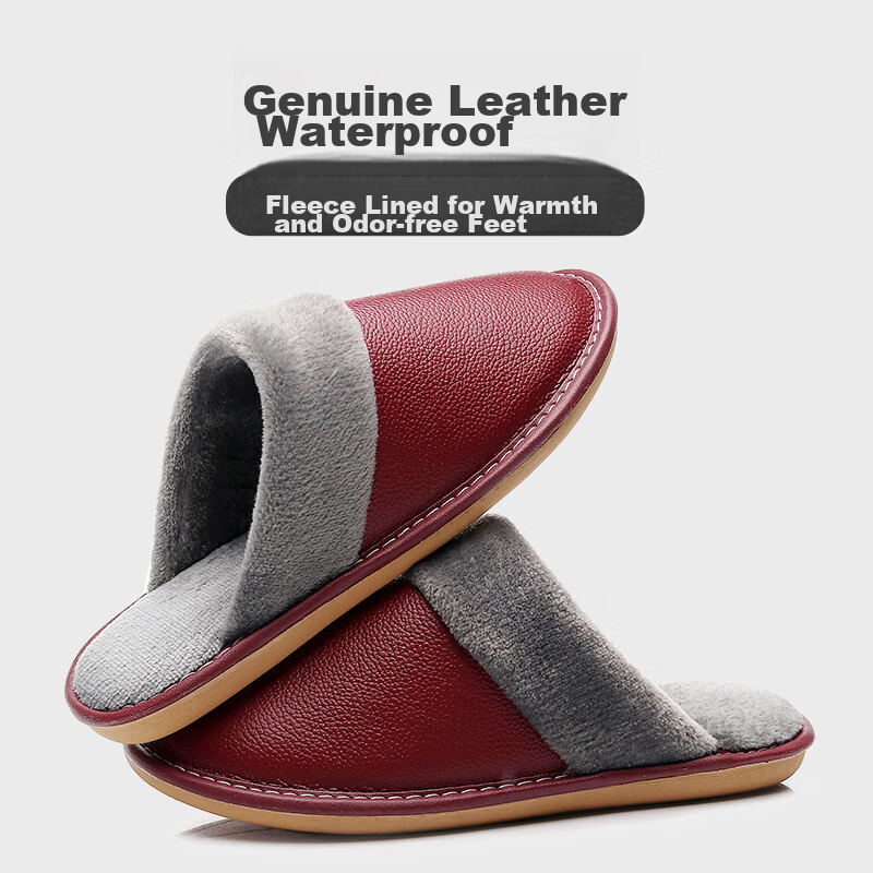 GUOLUOFEI Autumn And Winter Cowhide Slippers for Men And Women, Indoor Non-Slip Warm Genuine Leather Cotton Slippers, Wine Red, Size 38-39