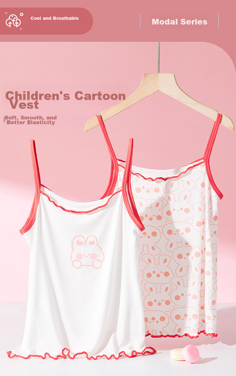 LangSha Children's Tank Top for Girls, Summer Thin Modal Undershirt Camisole Two-Piece Set, Pink Bunny Design, Size 140 1