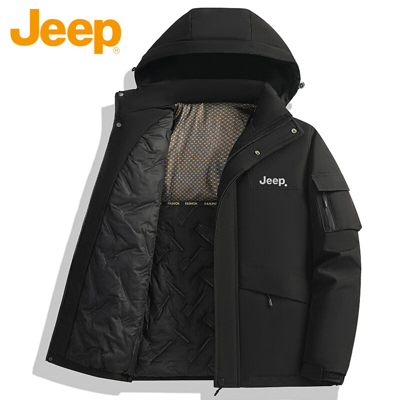 JEEP Men's Winter Cotton Jacket Workwear Down Cotton Warm Coat Outdoor Windproof Black M