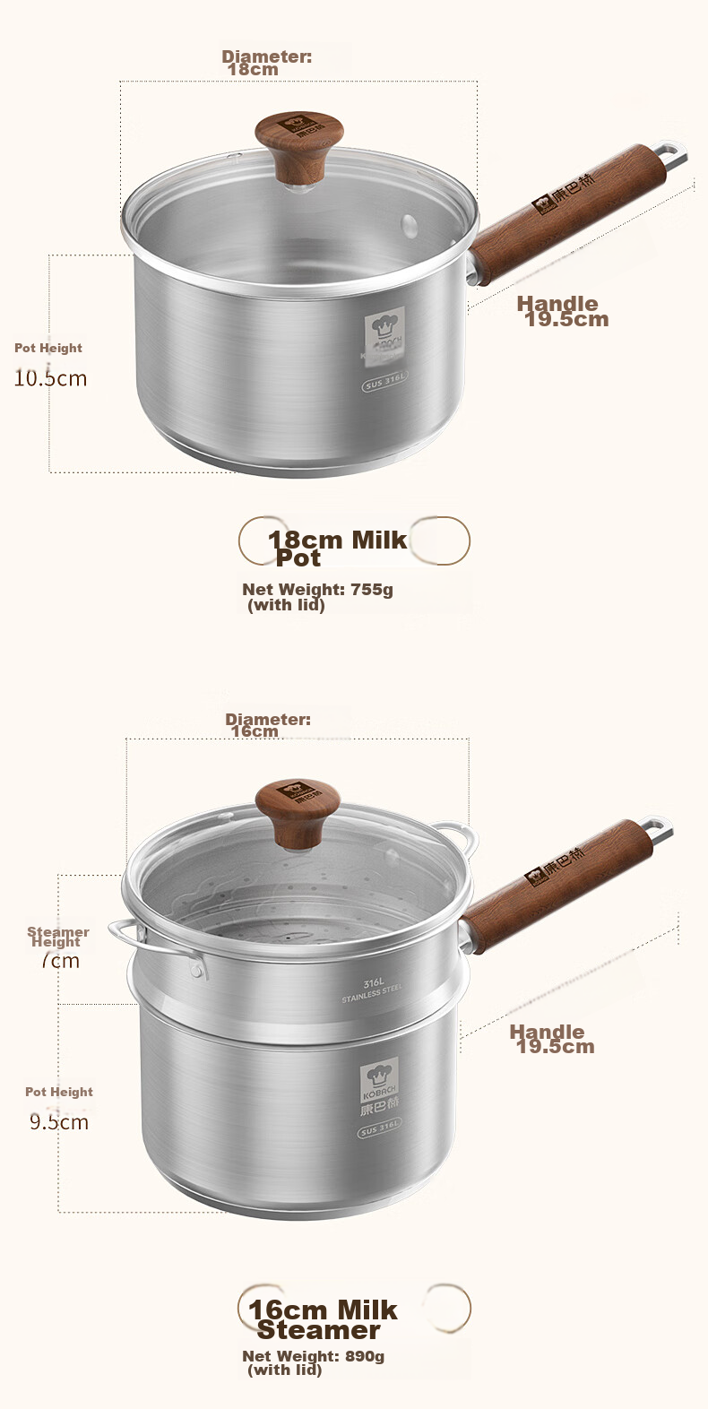 KOBACH 316L Stainless Steel Baby Food Milk Pot with Steamer Basket, Infant Cooking and Frying Multi-Function Small Milk Pot, 16cm Noodle Pot 18