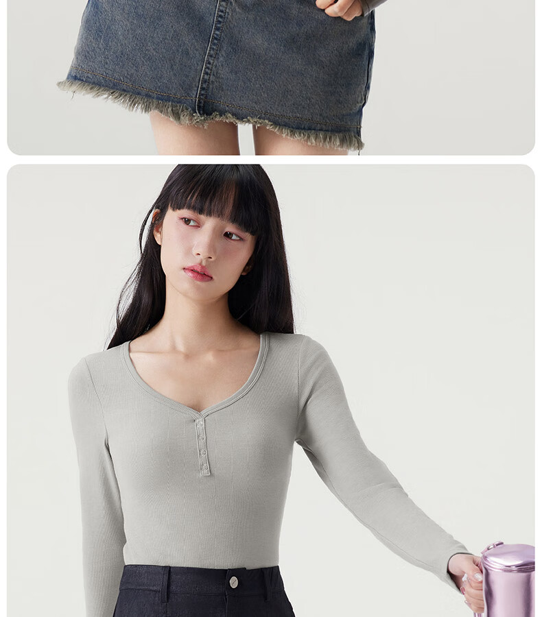 Half-Lined Thermal Base Layer with Chest Pad, Warm Innerwear, Long Sleeve U-Neck T-Shirt for Women, Spring Autumn Winter, No Bra Needed 19