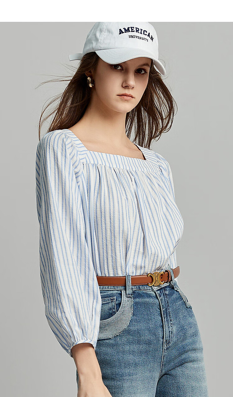 Dme [Line Game] Spring And Autumn Breathable Pure Cotton Shirt, Retro Striped Lantern Sleeves, Slimming Comfortable Blouse 2