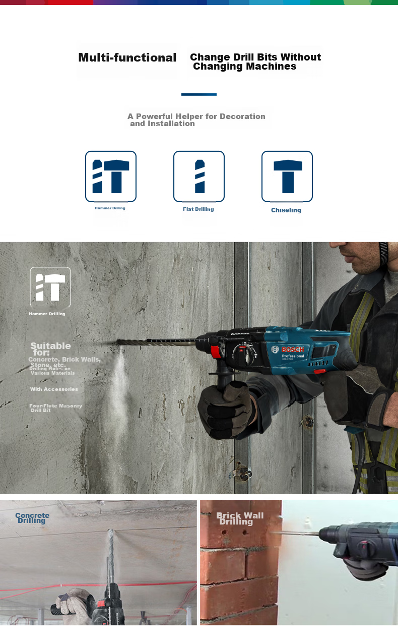 BOSCH Hammer Drill, Electric Drill, And Pick Three-In 2kg Lightweight Household Hammer Drill GBH220 with Drill Bits And Accessory Tool Box Set 7