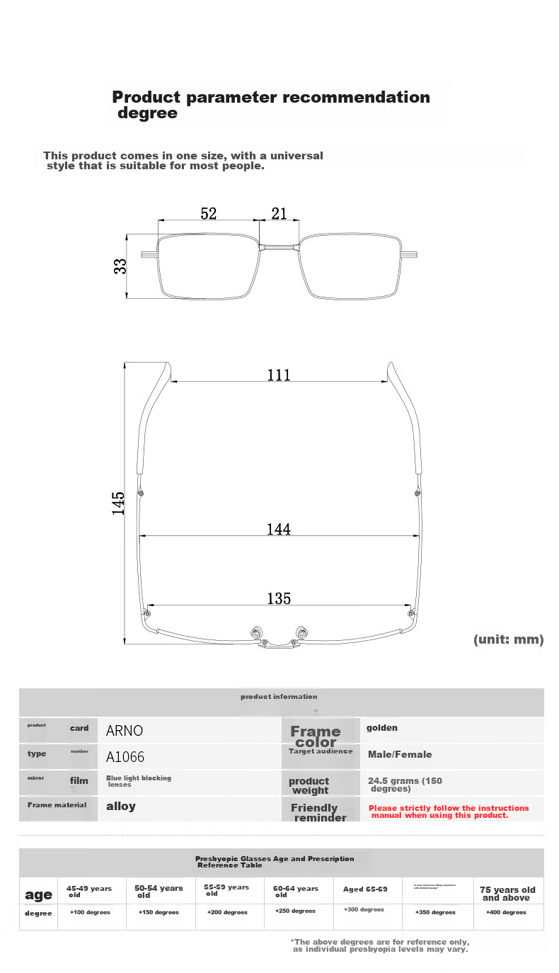 ARNO FOCUS ON YOUR EYES Reading Glasses for Men And Women, Anti-Blue Light, German Imported, Fashionable Ultra-Light Foldable Convenient Reading Glasses A1066J 100 Degrees 10
