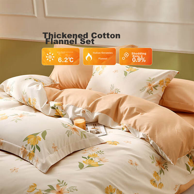 LOVO Luolai Home Textiles, Pure Cotton Brushed Four-Piece Bedding Set, Autumn And Winter Thickened Pure Cotton Bedsheet And Duvet Cover, 220*240cm, Beige
