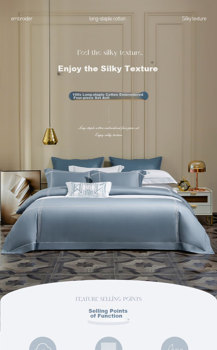Mengjie Jiafang 100% Long-Staple Cotton High-End Luxury Four-Piece Bedding Set, Pure Cotton Embroidered Bedsheet And Duvet Cover, for 1.8m Bed, 220*240cm, Aivite - Blue 1