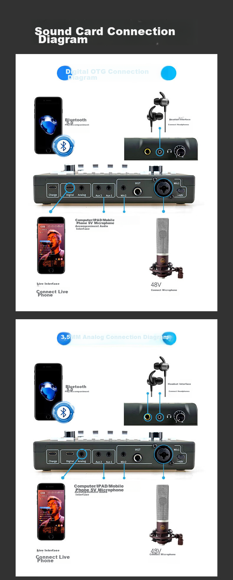Ickb Mono Sound Card, Live Streaming Dedicated Karaoke Microphone, Compatible with Mobile Phones And Computers, Recording Microphone Equipment Set, for Internet Celebrities, Douyin, Kuaishou, Outdoor Recording, Microphone Sound Card Kit 17