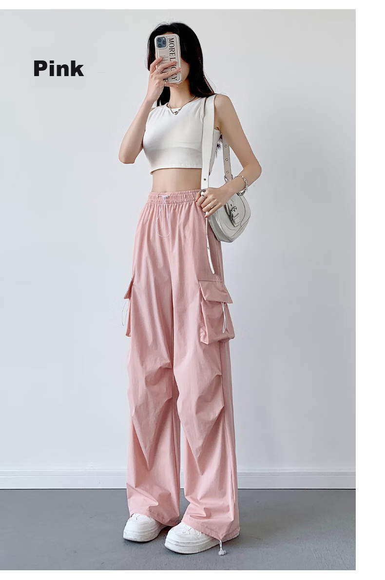 LangSha American-Style Parachute Cargo Pants for Women, Summer Ice Silk High-Waist Wide-Leg Loose Casual Quick-Dry Outdoor Sports Pants 54
