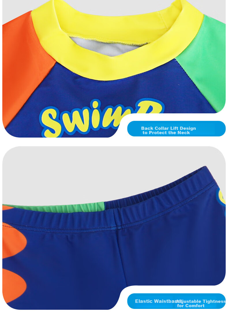 Swimbobo Children's Two-Piece Swimsuit for Boys, Cartoon Dinosaur Design, Short-Sleeve Swimwear, Beginner Swimming Gear, Size 120 13