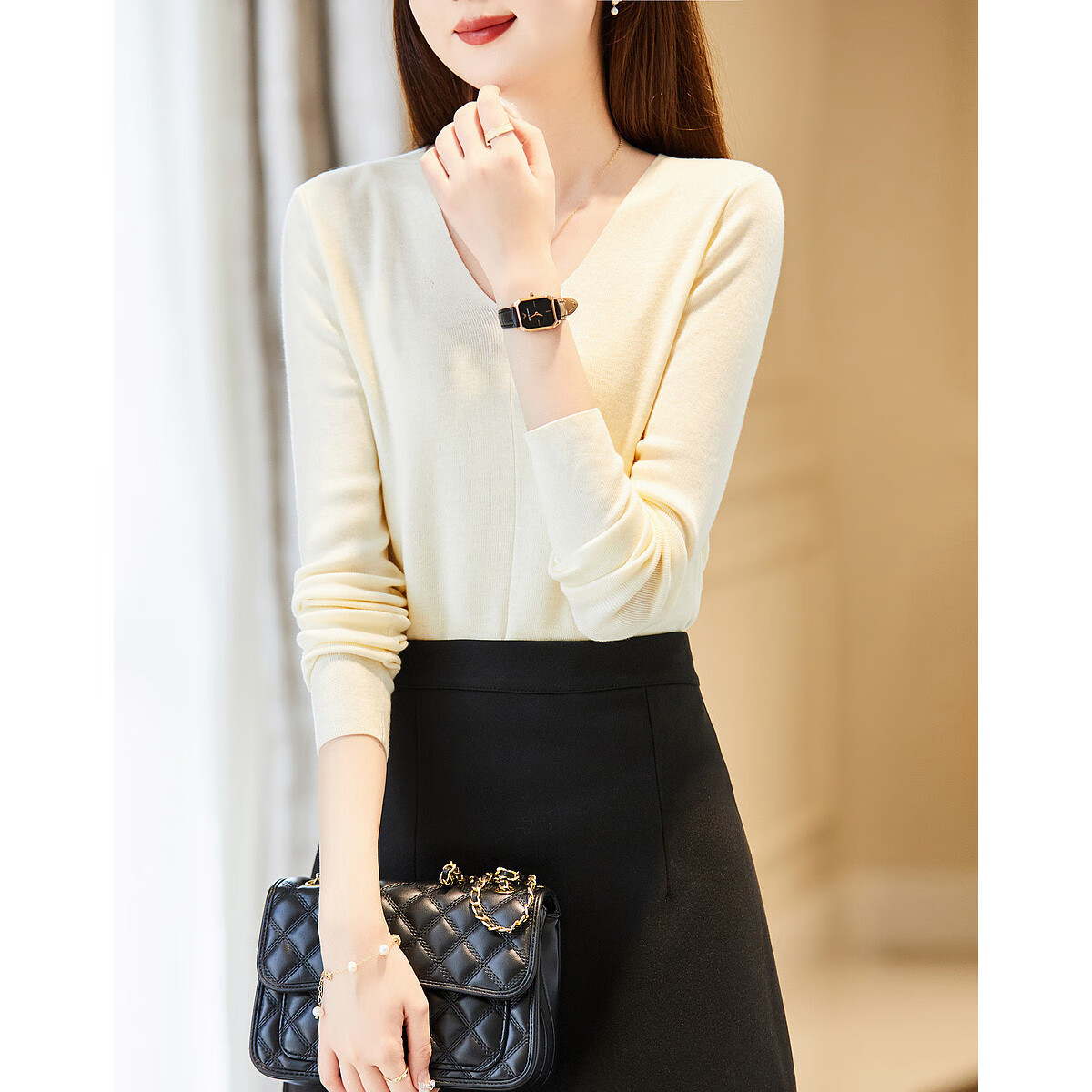 Dme [Capsule Wardrobe Series], Spring And Autumn Paper-Like V-Neck Sweater, Lazy Loose-Fitting Knit Top for Wome