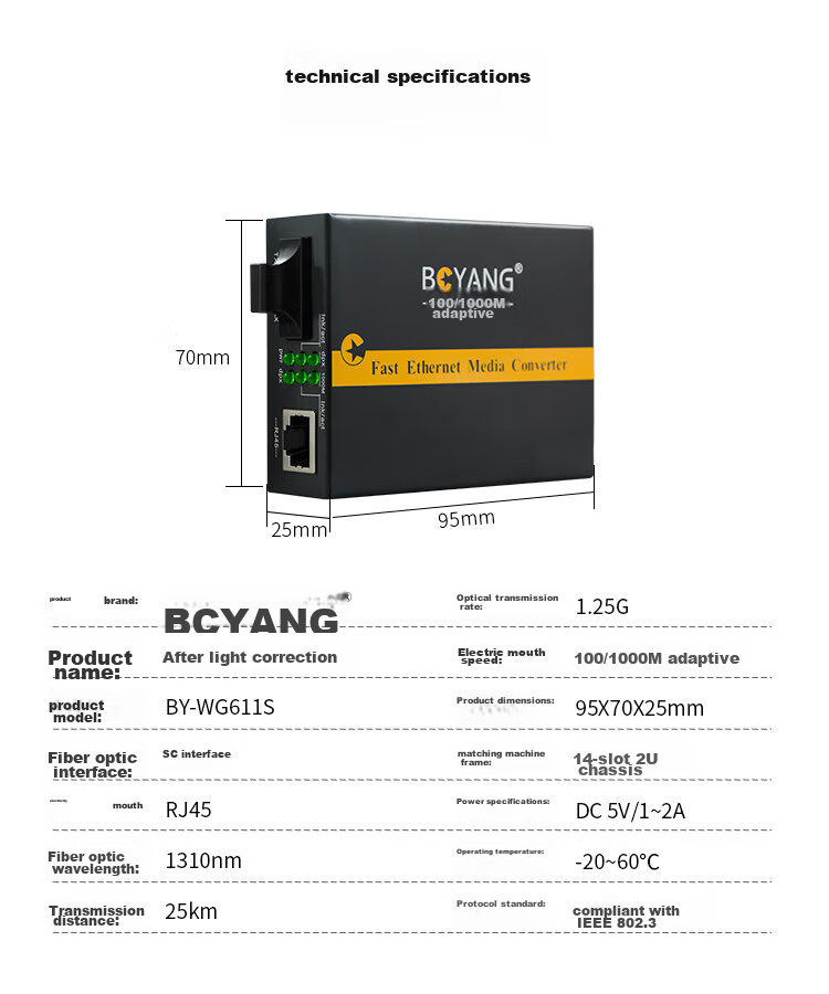 BOYANG Gigabit Single-Mode Fiber Optic Transceiver Pair, Single-Fiber Transceiver, Optical-Electrical Converter, Lightning Protection SC Interface, Built-In Power Supply within 25 Kilometers, BY-NG613A/B 9