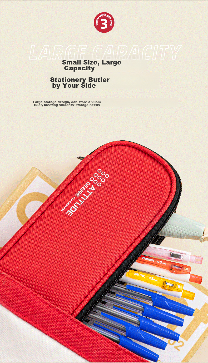 Deli Triple Zipper Pencil Case for Elementary School Students, Children's Large Capacity Multi-Purpose Stationery Box, Student Stationery Storage Bag, Red Back-To Stationery Gift 5