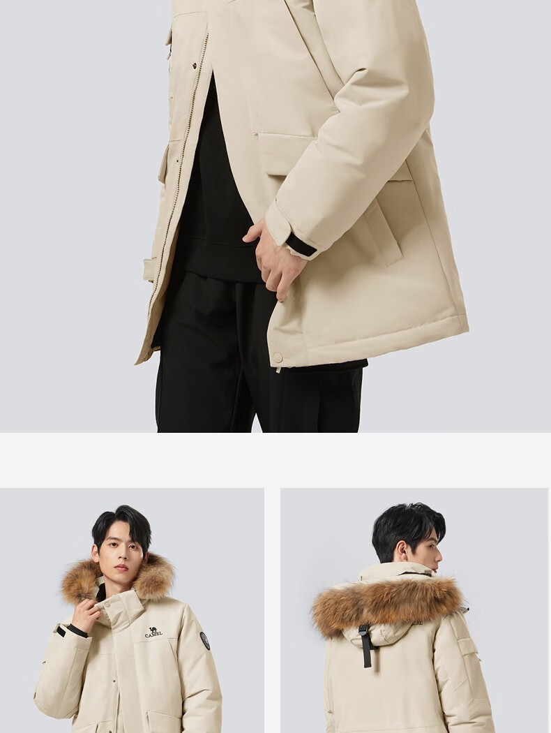 CAMEL Workwear down Jacket, Mid-Length, White Duck Down, Collar, Casual Sports Thickened Coat, Winter Season, M13CAKI038A 40