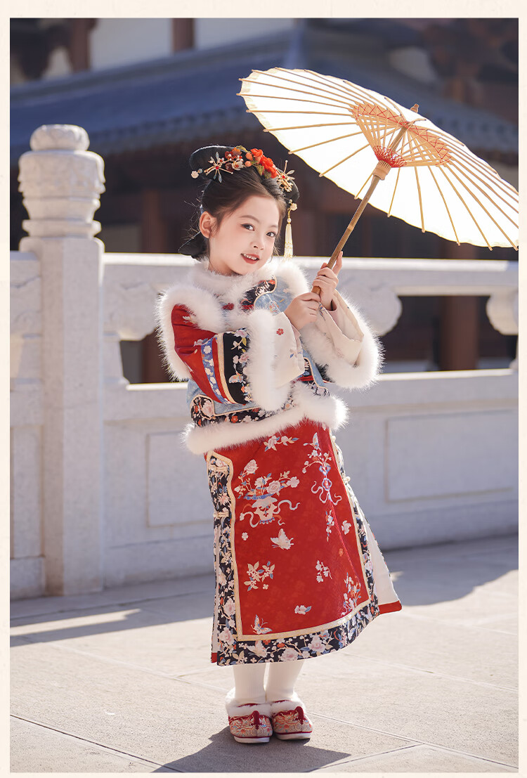 Qibo Girls' New Year Winter Outfit 2026 Imperial Dream Pink (Qipao + Vest) Size 120 9