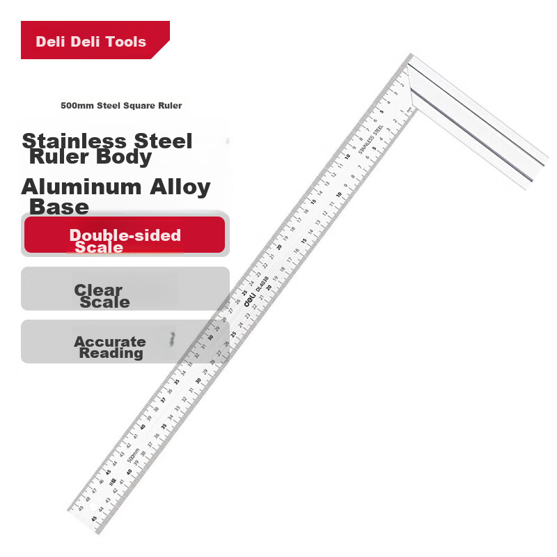 Deli Steel Square Ruler, Right Angle Ruler with Dual Scale, 90-Degree Ruler, Carpenter's Square, Straight Ruler, 500mm