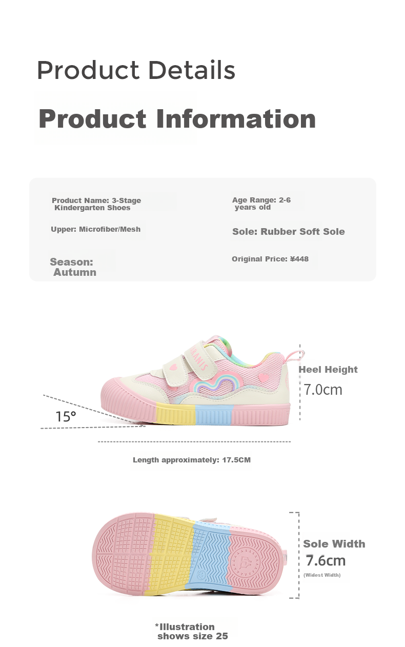 TARANIS Children's Shoes Kindergarten Indoor Shoes Boys Girls Casual Sneakers Non-Slip Soft Kids Shoes Pink/white 25 3