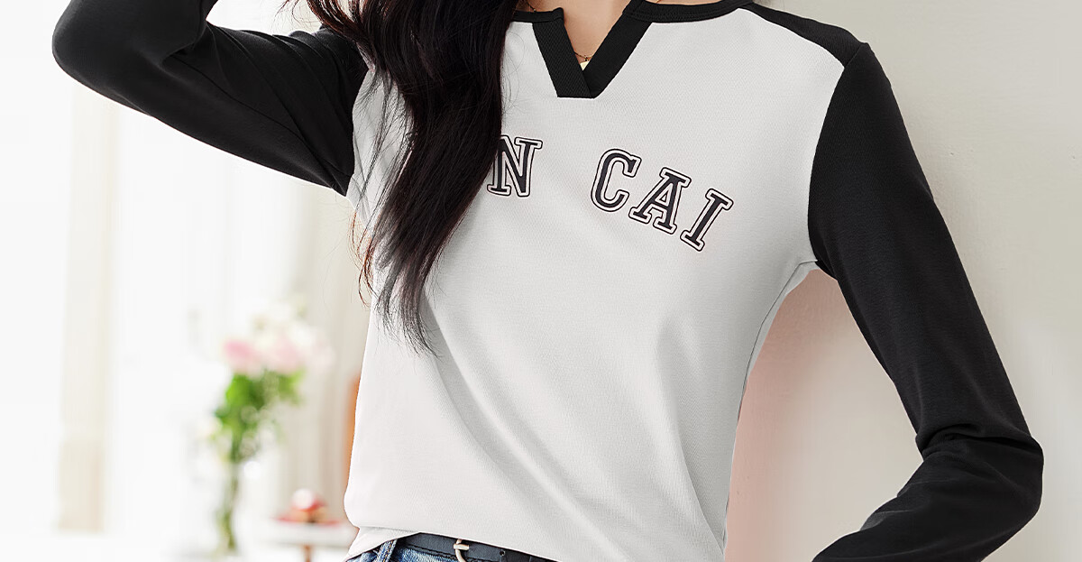 Pincai Women's Long Sleeve V-Neck Letter Print T-Shirt Unique Design Base Top P143T2037 41