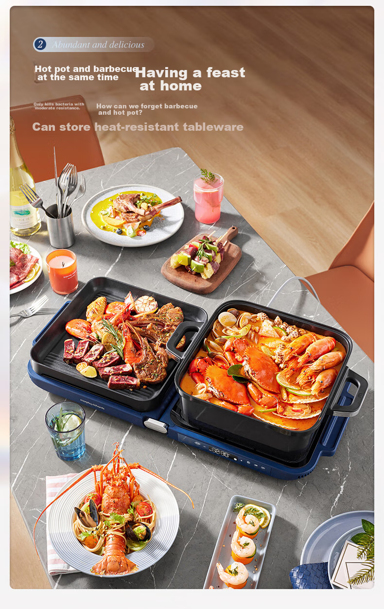 Morphyrichards Third-Generation Foldable Multi-Function Pot, Home Party Barbecue Grill, Electric Griddle, Hot Pot, Electric BBQ Stove, All-In Independent Temperature Control Non-Stick Barbecue Meat Pot MR9188 Blue 4