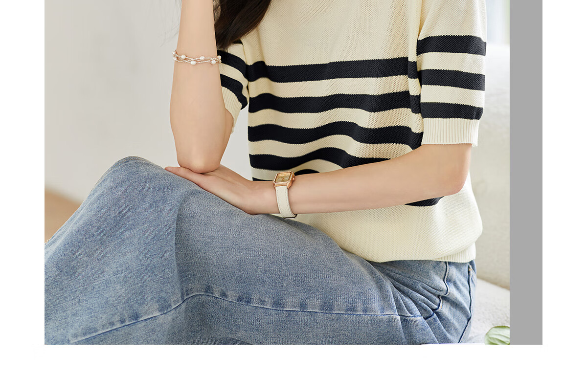 Taxiang Women's Short-Sleeve T-Shirt, Doll Collar Thin Knit Top, Summer Women's T-Shirt, Contrasting Color Top, T144T1629 11
