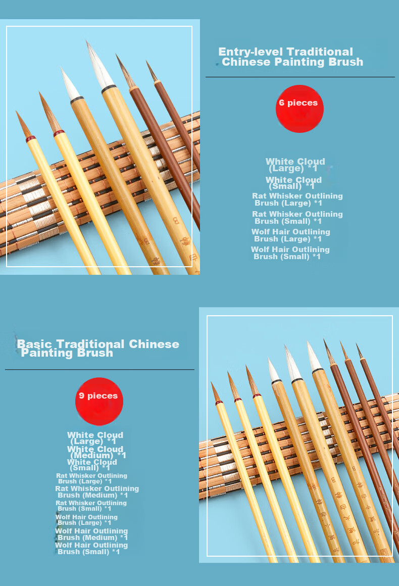 Liupintang Chinese Painting Brush Set, Mixed Hair And Goat Hair Outline Brush White Cloud Brush, Student Chinese Painting Fine Brush Calligraphy Pigment Painting Brush 8