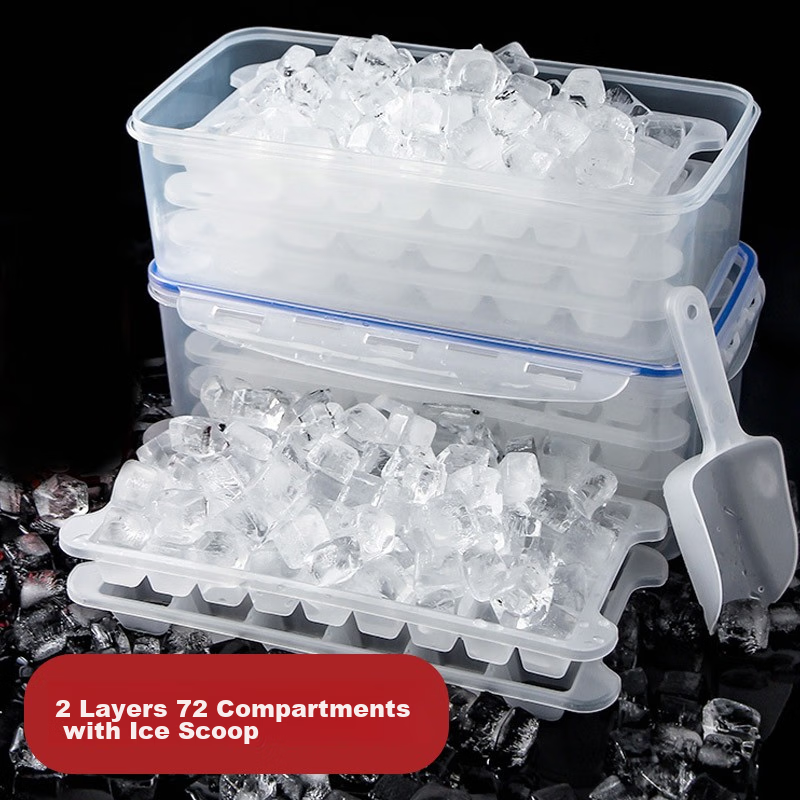 Quanshi Ice Mold, Ice Cube Tray, Ice Making Box, PP Plastic Clip, Ice Tray Mold, Frozen Ice Cube, Ice Cream Mold, 2 Layers, 72 Grids