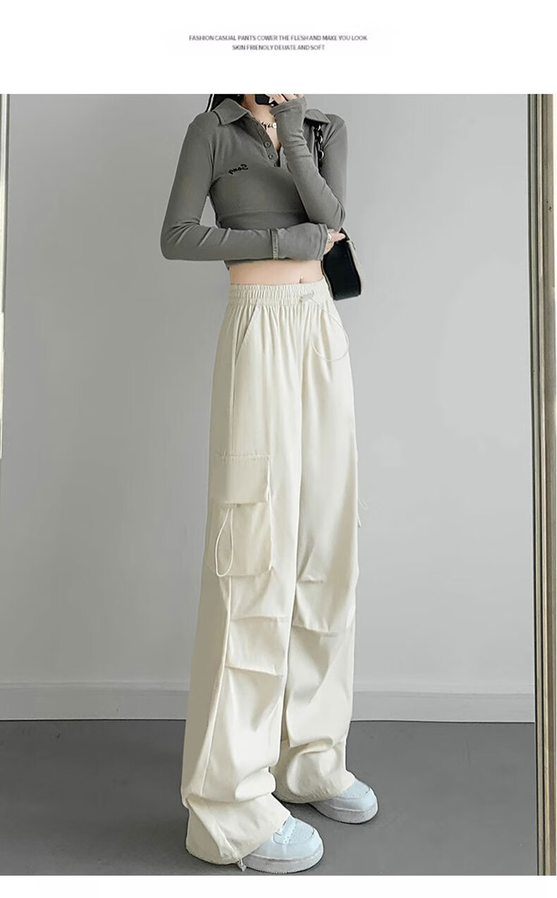 LangSha American-Style Parachute Cargo Pants for Women, Summer Ice Silk High-Waist Wide-Leg Loose Casual Quick-Dry Outdoor Sports Pants for Wome 44