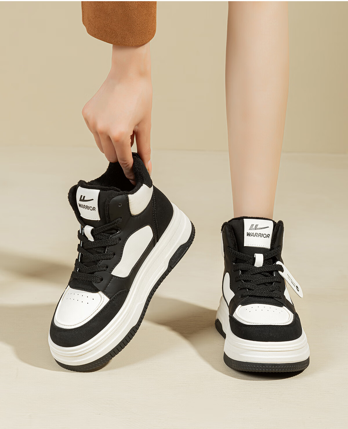 Warrior Women's Winter Fleece-Lined High-Top Sneakers Thick Sole Height Increasing Fashion Sports Casual Shoes White Black Size 39 13