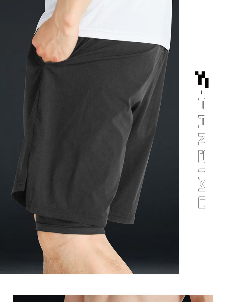 Fandimu Men's Sports Shorts, Marathon Running Black Double-Layered Inner Lining Fitness Hiking Quick-Dry Breathable Knee-Length Shorts 10