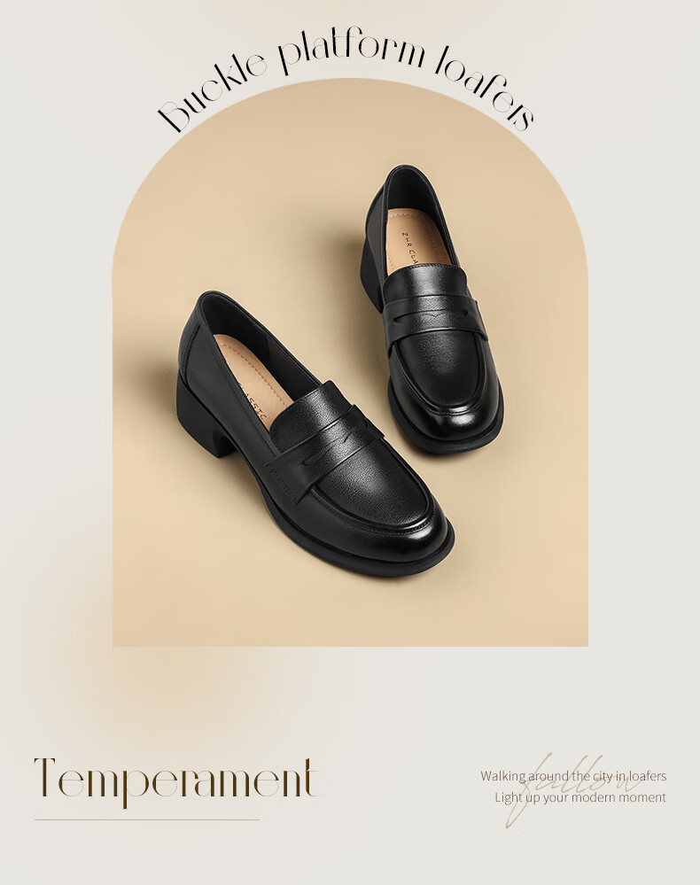 ZHR Top-Grain Leather Loafers for Women, Chunky Heel Commuter Leather Shoes, Slip-On Soft-Soled Flats for Women KM03 Black Size 40 1
