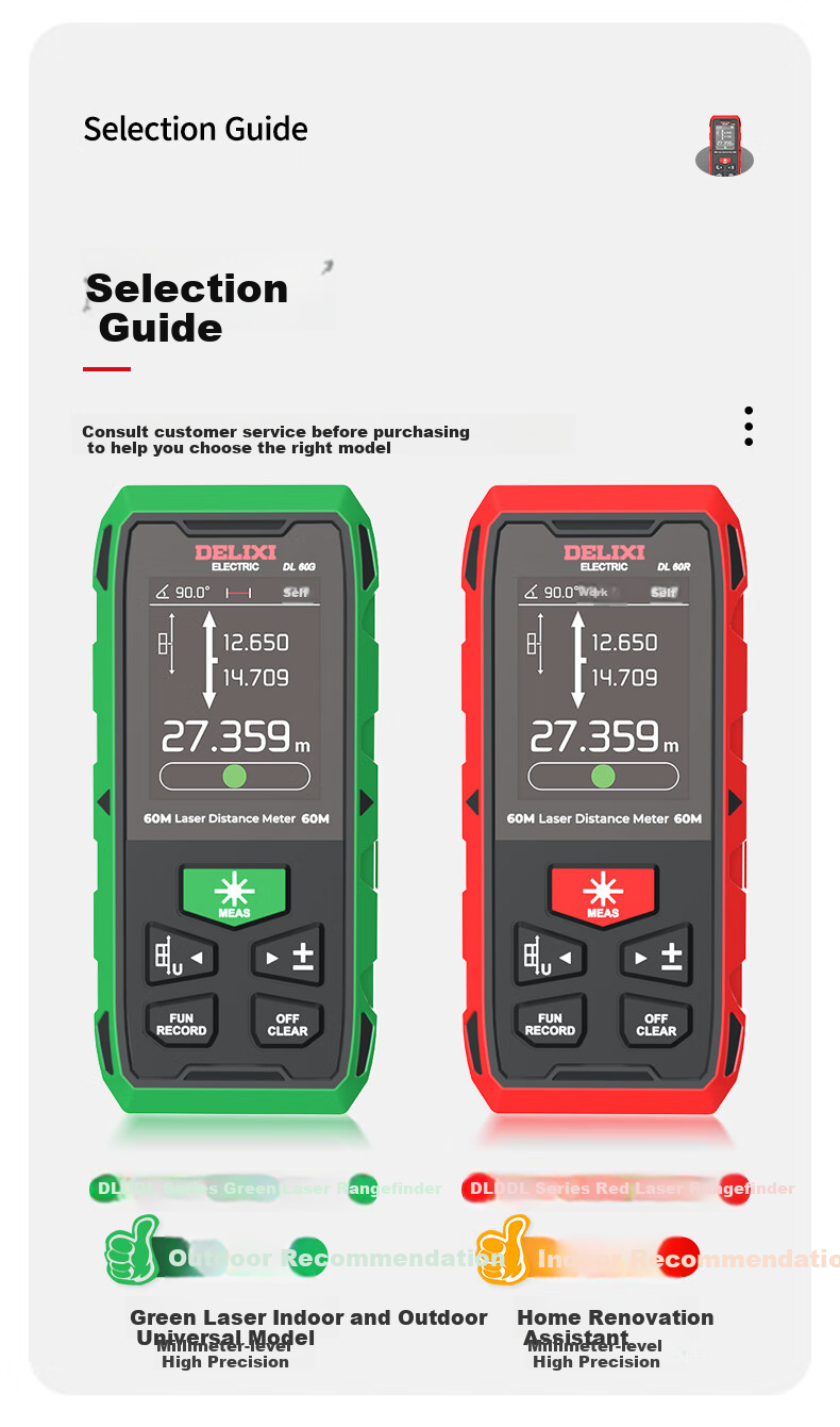DELIXI ELECTRIC Green Light Laser Distance Meter Cross Line Tape Measure 3-in-1 High Precision Multifunction Electronic Ruler Lithium Battery Version 100m 3