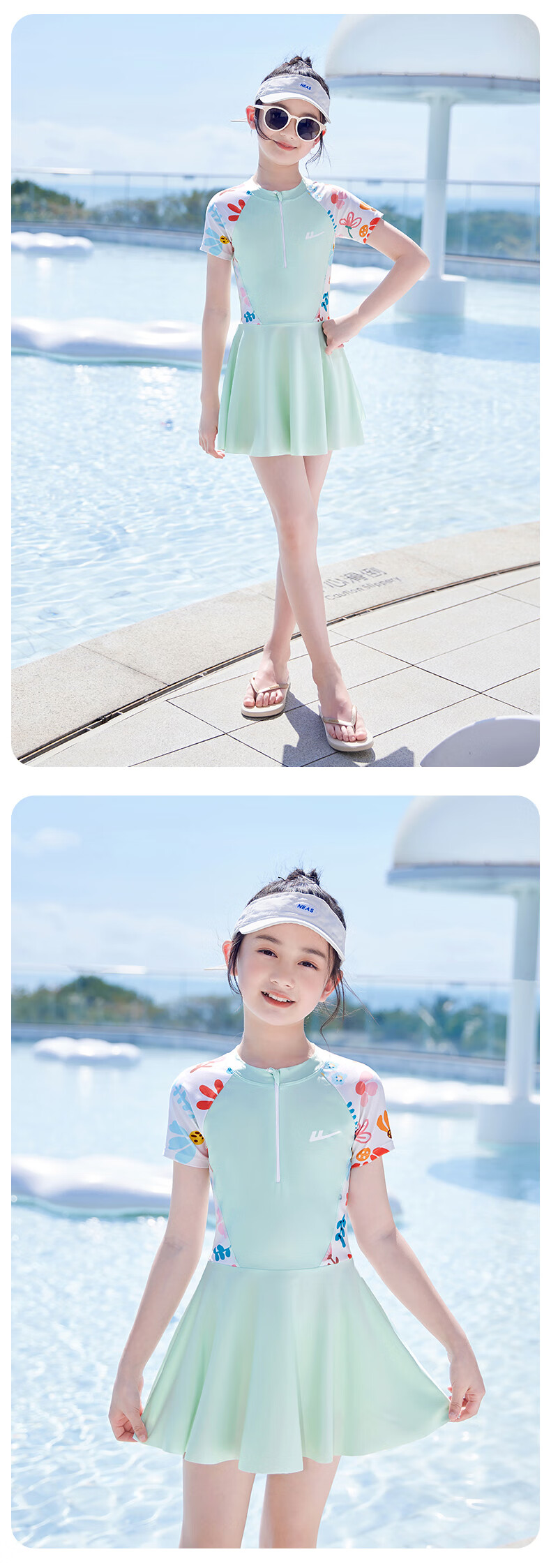 Huili Children's Swimsuit, Girls' One-Piece Dress, for Older Kids, Quick-Drying Swimming Pool Set for Girls, Three Pieces, 34020 Green, Size L 14