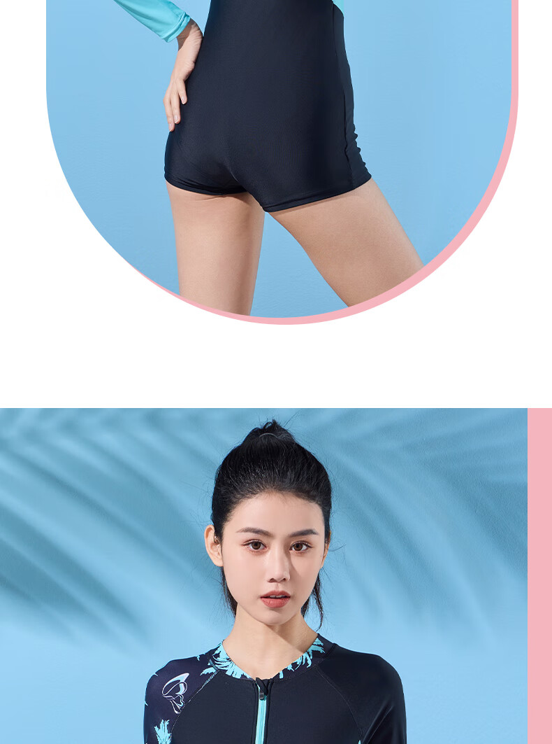 Li-Ning Women's One-Piece Swimsuit, Square Leg, Long Sleeve, Sun Protection, Conservative, Contrasting Colors, Slim Fit, Hot Spring Swimwear, 492 Black Blue, L 17