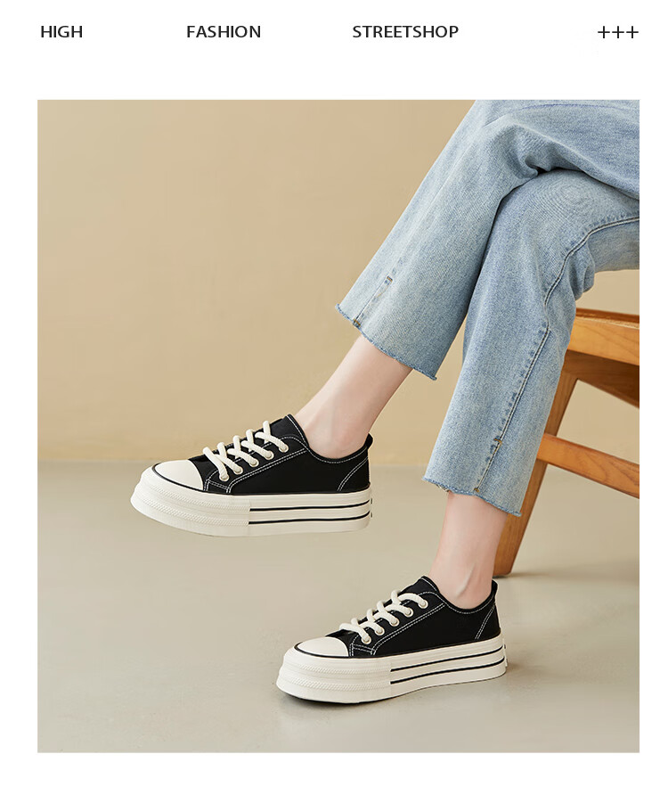 ZHR Canvas Shoes for Women, Classic Thick-Soled High-Top Casual Shoes, Lightweight Breathable Round-Toe Women's Shoes, CS32, Black, Size 37 11