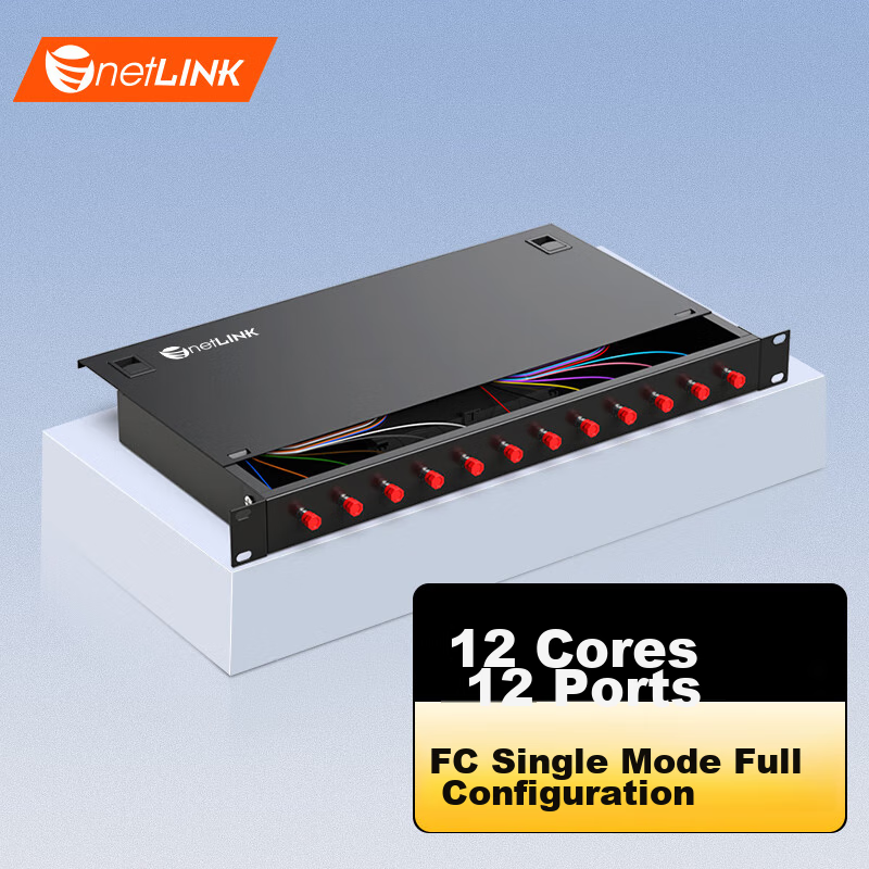 NetLINK Fiber Optic Terminal Box, 12 Ports 12 Fibers FC Single-Mode Fiber Patch Panel, Fully Equipped with Fiber Pigtail Flange Cable Connector Fusion Splice Box, Rack-Mounted 1 Piece HTF-12FC