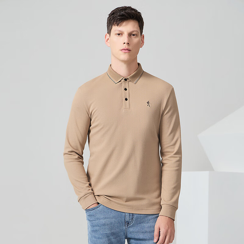 DANCING WOLVES [Shubanmian] Autumn And Winter Business Commute Men's Embroidered Long-Sleeve Polo Shirt, 701 Khaki, Size 170