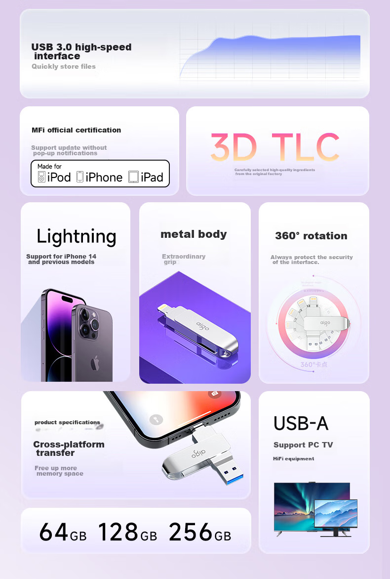 Aigo 256GB Lightning USB3.0 Apple Flash Drive U371, MFI Certified, Compatible with IPhone 14/iPad 9 And Earlier Versions, Dual-Use Flash Drive for Phones And Computers 2