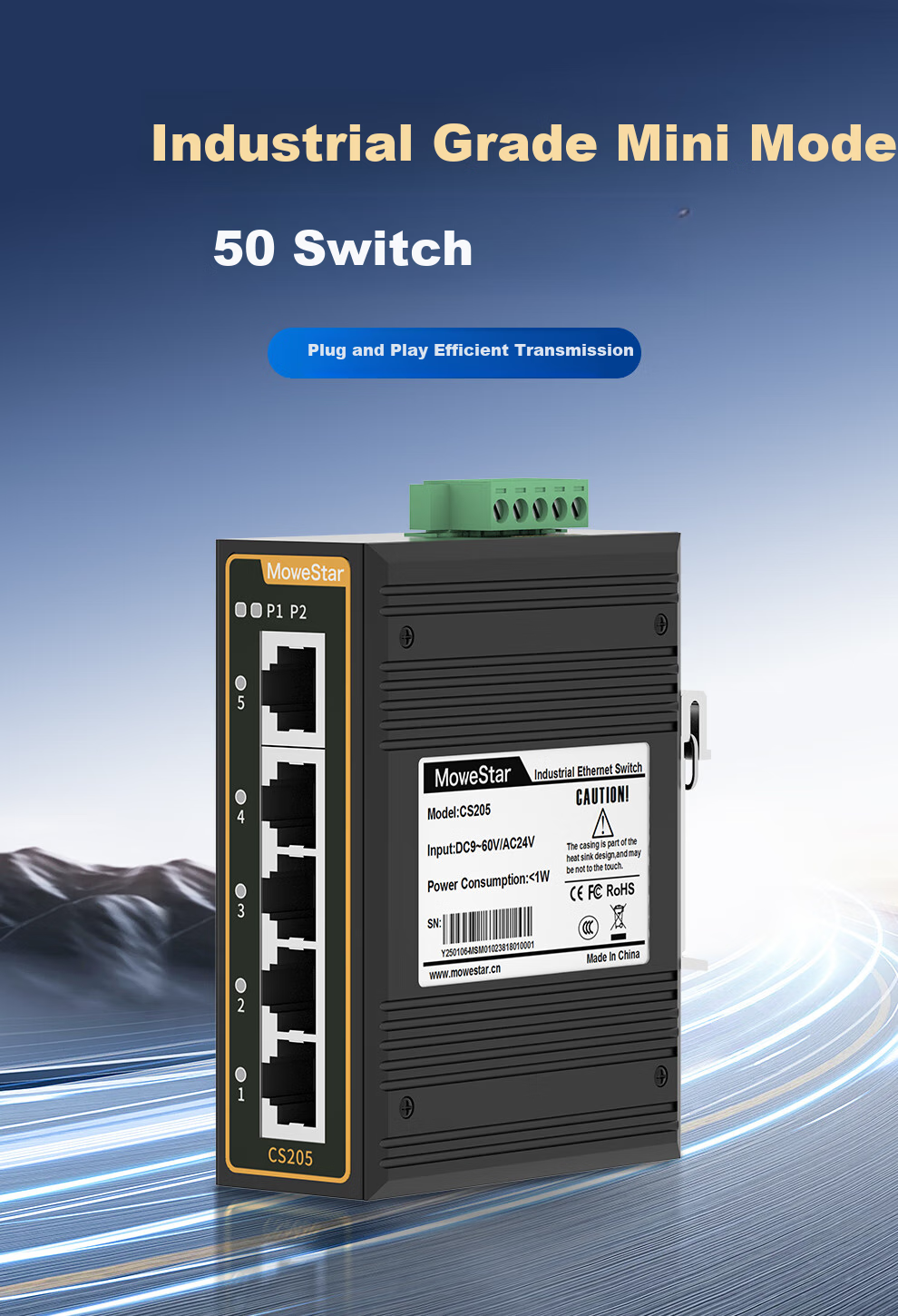 MoweStar Industrial-Grade Switch, 5-Port Layer 2 Unmanaged, 100Mbps Card Rail Compact Mini Switch, High And Low Temperature Resistant Industrial Ethernet Switch CS205 1