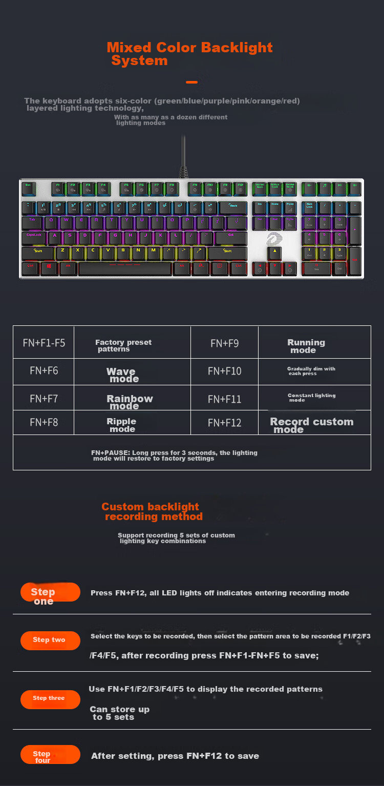 DAREU EK815 Mechanical Alloy Edition Keyboard, Wired Keyboard, Gaming Keyboard, 108 Keys Mixed Backlight, Multi-Key Anti-Ghosting, PUBG Keyboard, Black And Silver Black Switches 7