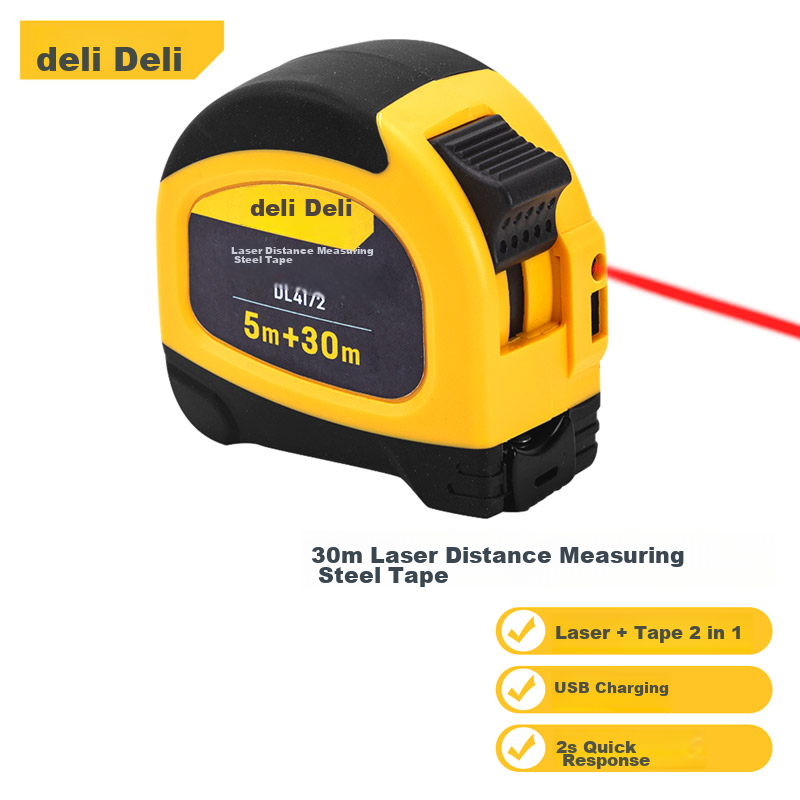 Deli 30-Meter Laser Distance Measuring Ruler with Digital Display for Real Estate Measurement And Carpentry (30-Meter Laser + 5-Meter Steel Tape Measure)